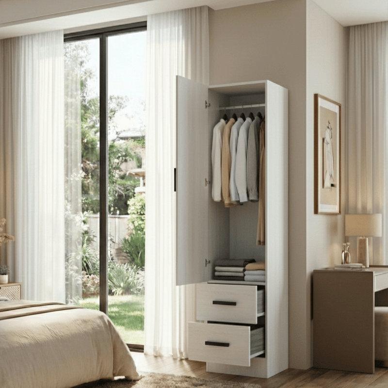 Beyaz Endüstriyel Ahşap Gardrop 41x40x183 cm Sağ-Sol Açılır Kapı ve 2 Çekmeceli - 90976