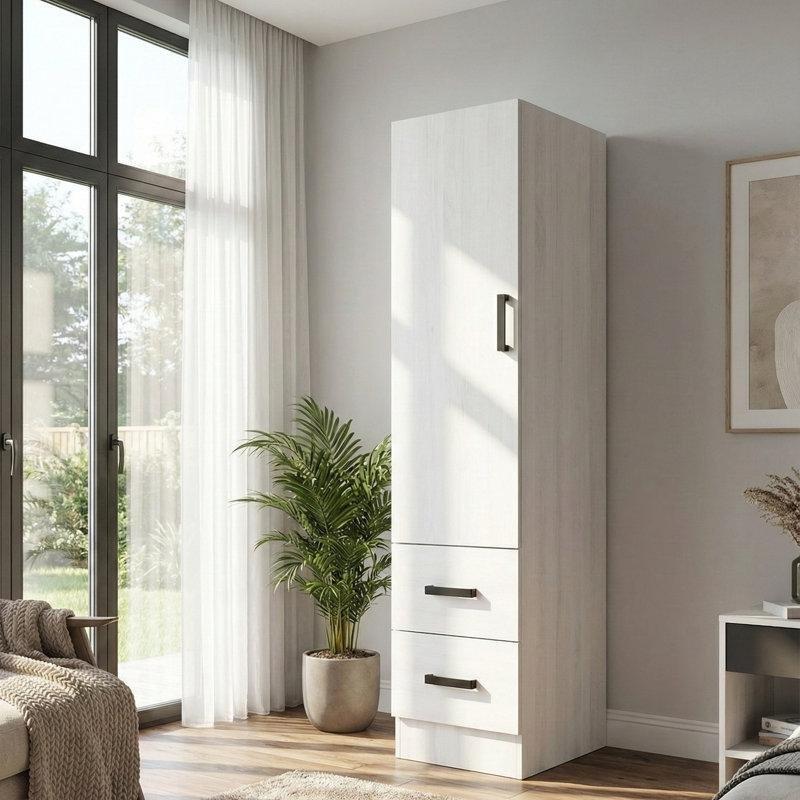 Beyaz Endüstriyel Ahşap Gardrop 41x40x183 cm Sağ-Sol Açılır Kapı ve 2 Çekmeceli - 90976