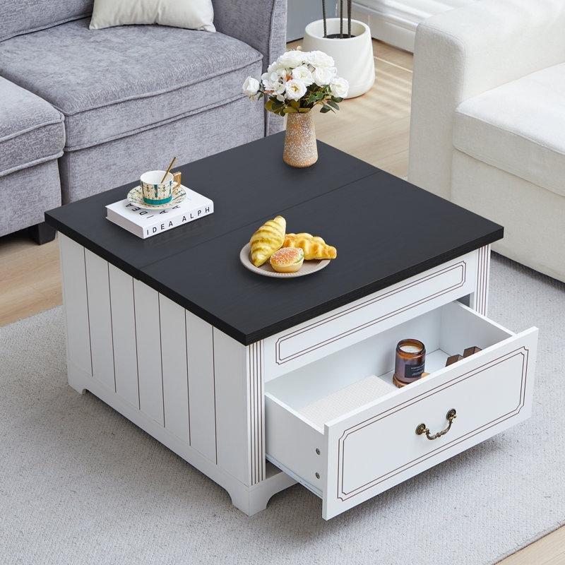 Beyaz Endüstriyel Ahşap Kare Açılır Akıllı Sehpa 80x80 cm - 101058