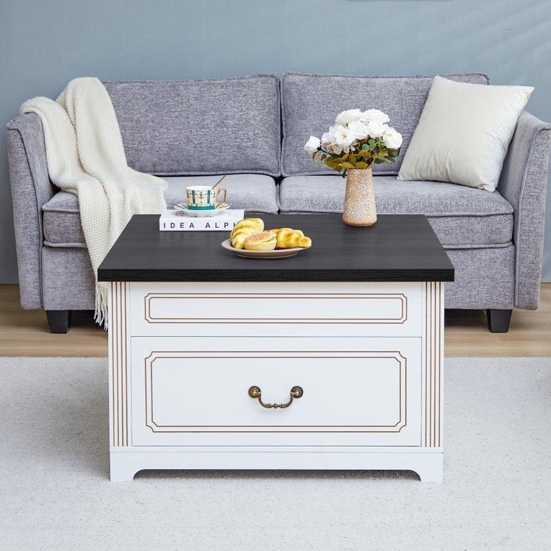 Beyaz Endüstriyel Ahşap Kare Açılır Akıllı Sehpa 80x80 cm - 101058