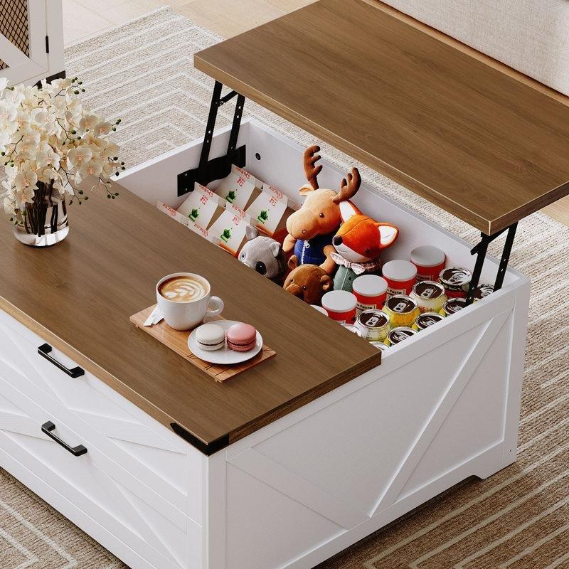 Beyaz Endüstriyel Ahşap Kare Kaldırmalı Orta Sehpa 80x80 cm - 104914