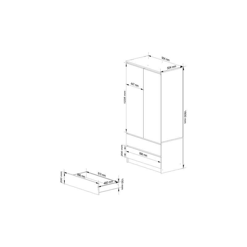 Beyaz Gardrop 90x51x180 cm Aynalı 2 Kapılı 2 Çekmeceli - 90196