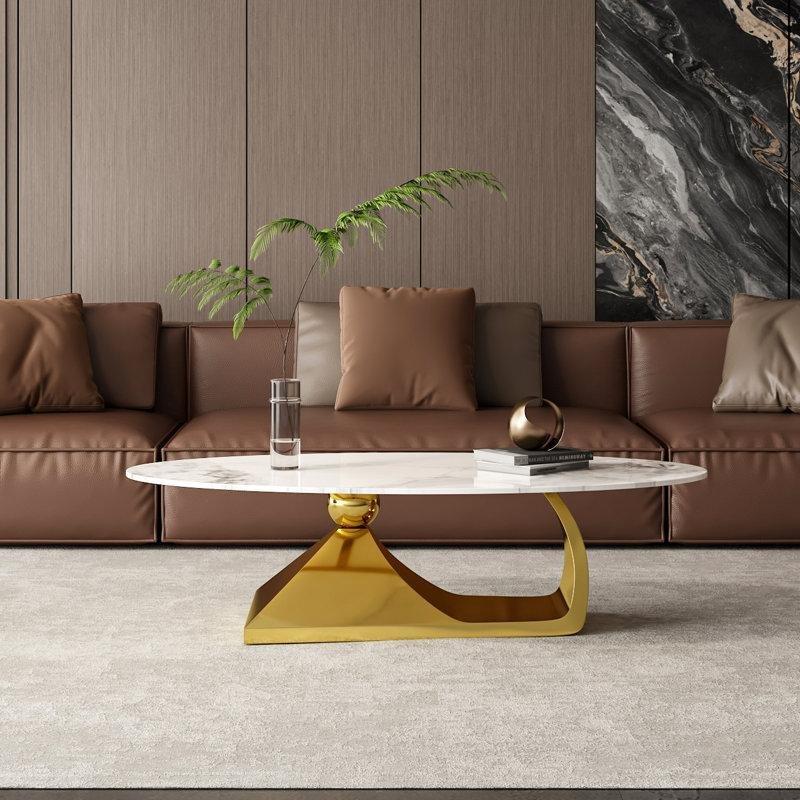 Beyaz Gold Ayaklı Oval Porselen Orta Sehpa 130x70 cm - 105874