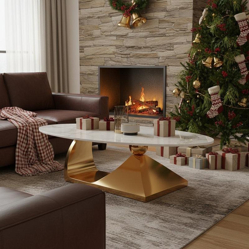 Beyaz Gold Ayaklı Oval Porselen Orta Sehpa 130x70 cm - 105874