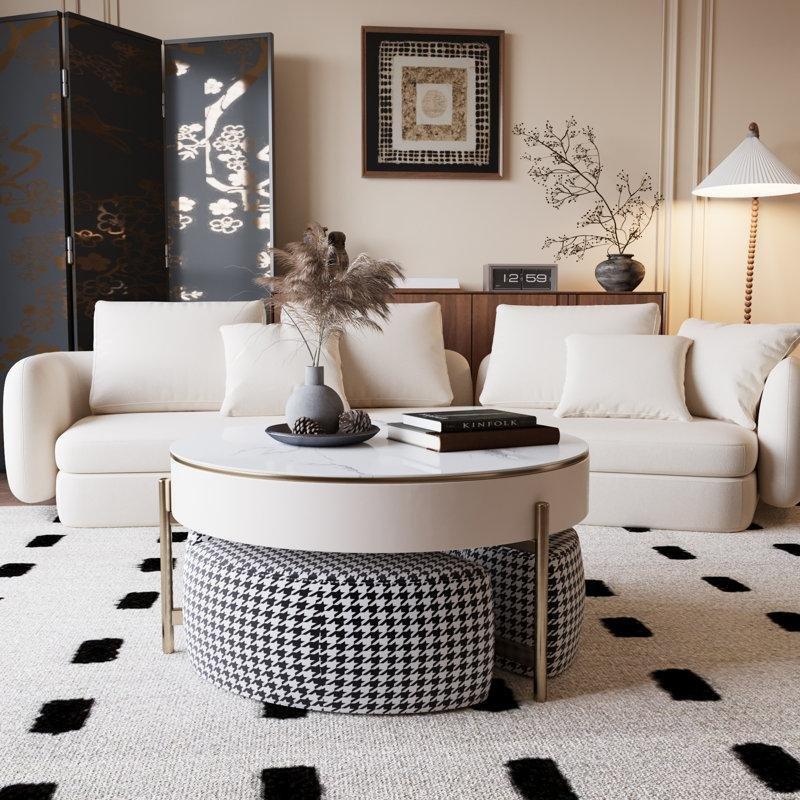 Beyaz Gold Ayaklı Puflu Orta Sehpa 80x80 cm Kaldırmalı Kapak Saklı Depolama - 104773