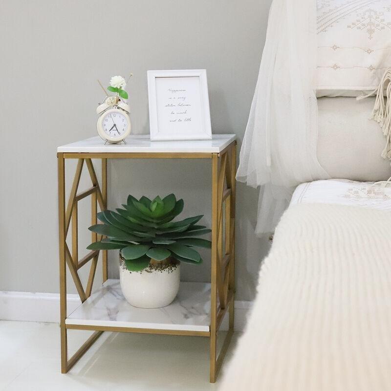 Beyaz Gold Mermer İki Katlı Kare Yan Sehpa-40x40x59 cm - 111979