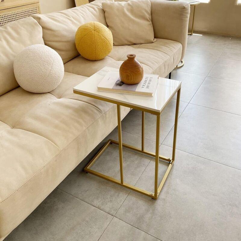 Beyaz Gold Sinterlenmiş Taş Metal Üçgen Ayaklı Yan Sehpa-45x30x55 cm - 111805