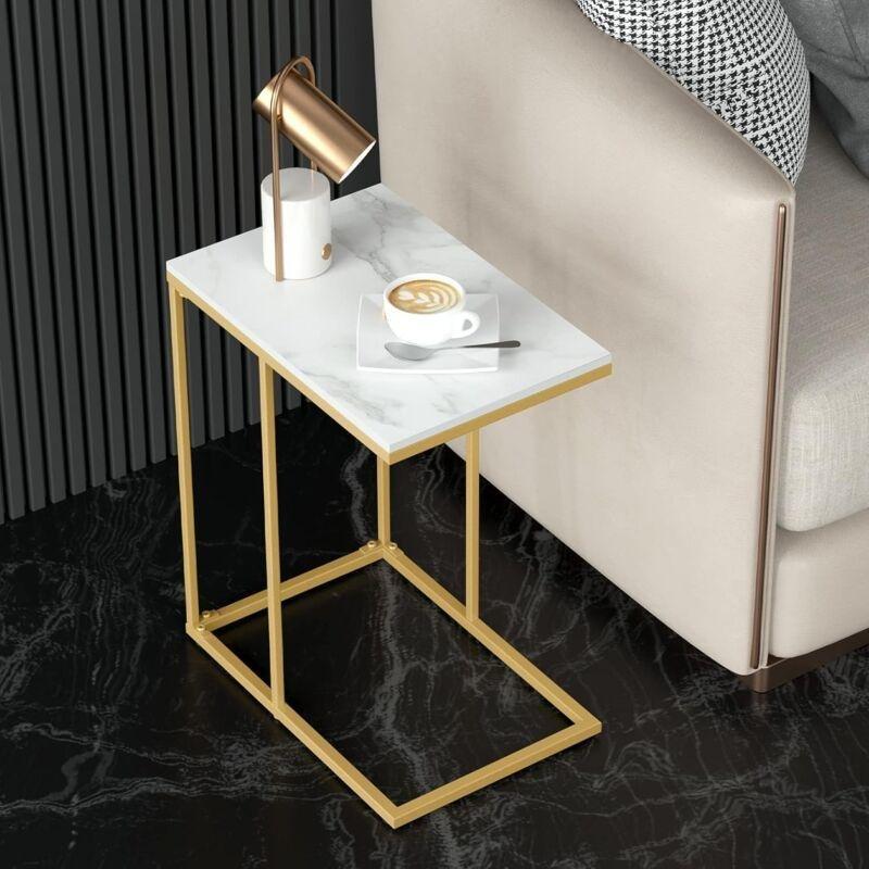 Beyaz Gold Sinterlenmiş Taş Metal Üçgen Ayaklı Yan Sehpa-45x30x55 cm - 111805