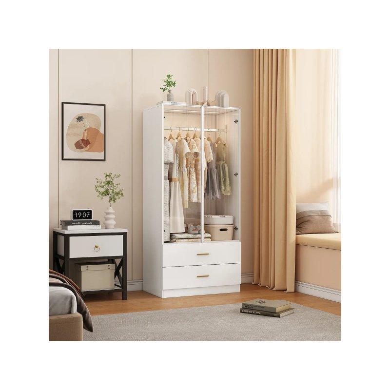 Beyaz Işıklı Gardrop 80x50x175 cm 2 Kapılı 2 Çekmeceli - 90211