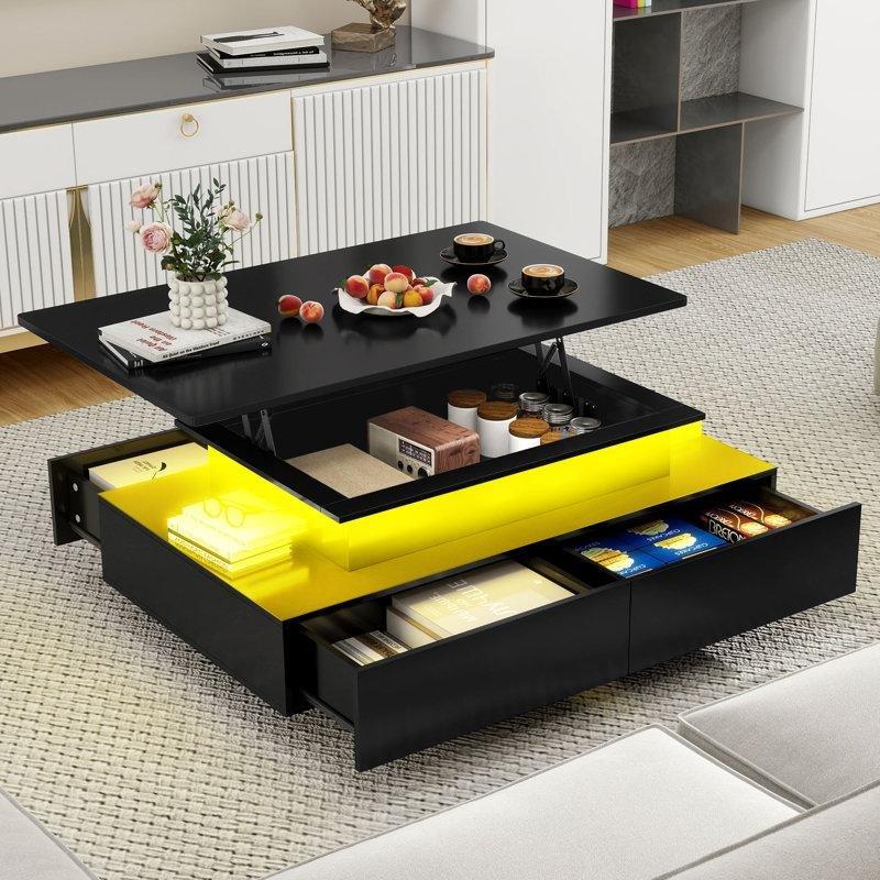 Beyaz Kaldırılabilir Tepeli Ledli Orta Sehpa Endüstriyel Ahşap 90x55x54 cm - 104446
