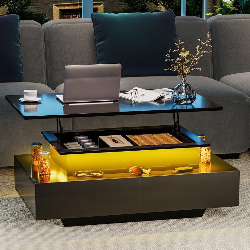 Beyaz Kaldırılabilir Tepeli Ledli Orta Sehpa Endüstriyel Ahşap 90x55x54 cm - 104446