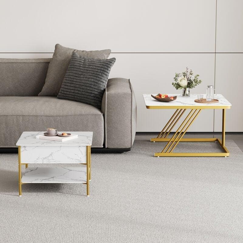 Beyaz Kare Orta Sehpa 70x70 cm, Yüksekliği Ayarlanabilir, 2'li Set - 102964