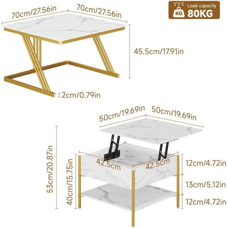 Beyaz Kare Orta Sehpa 70x70 cm, Yüksekliği Ayarlanabilir, 2'li Set - 102964