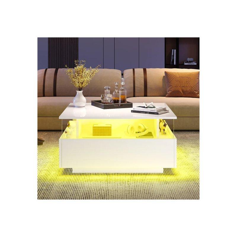 Beyaz Ledli Modern Orta Sehpa 70x70x41 cm - 2 Çekmeceli - 102267