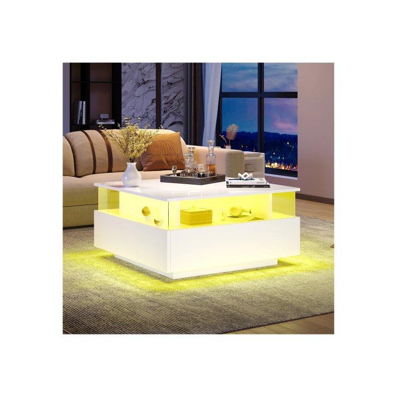 Beyaz Ledli Modern Orta Sehpa 70x70x41 cm - 2 Çekmeceli - 102267