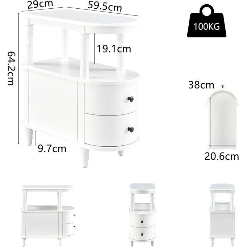 Beyaz Masif Ahşap 2 Çekmeceli Raflı Yan Sehpa-60x29x65 cm - 112314