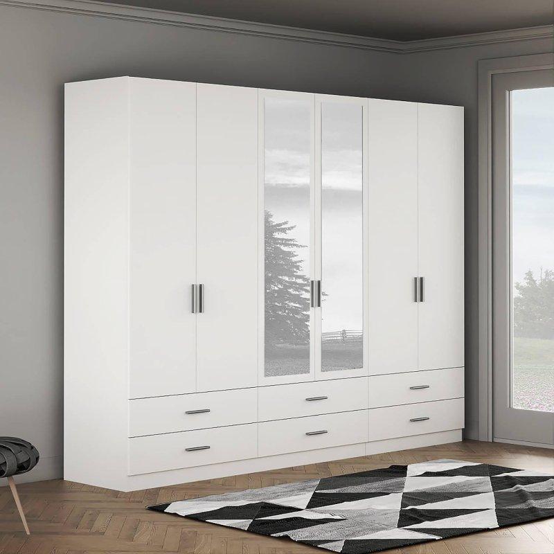 Beyaz Mat Endüstriyel Ahşap 6 Kapılı Aynalı Gardrop 270x211x54 cm - 90850