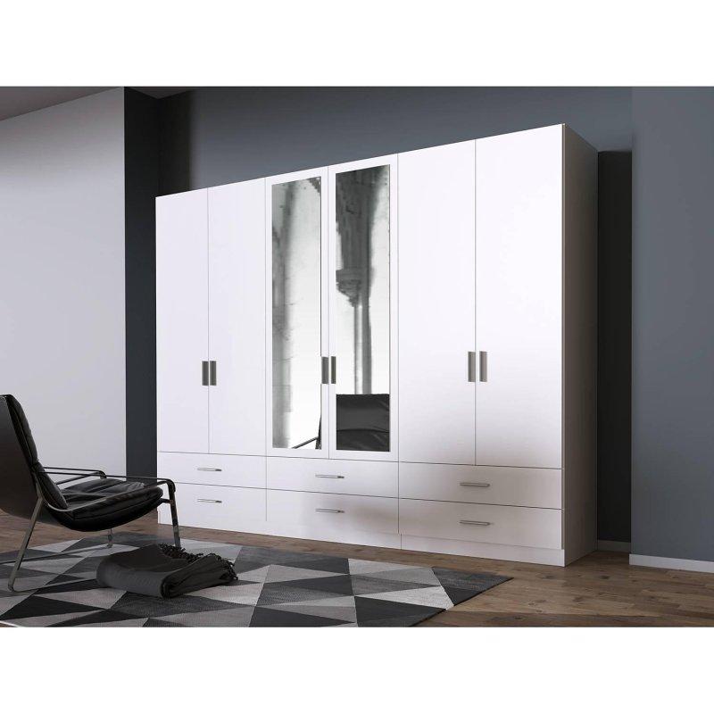 Beyaz Mat Endüstriyel Ahşap 6 Kapılı Aynalı Gardrop 270x211x54 cm - 90850