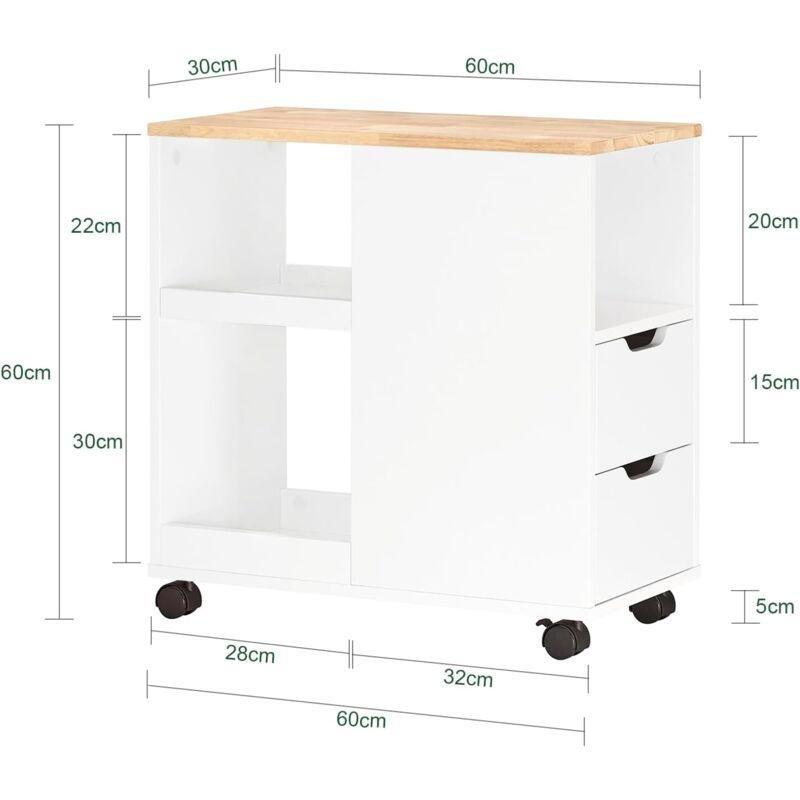 Beyaz MDF 2 Çekmeceli Tekerlekli Yan Sehpa-60x30x60 cm - 111585