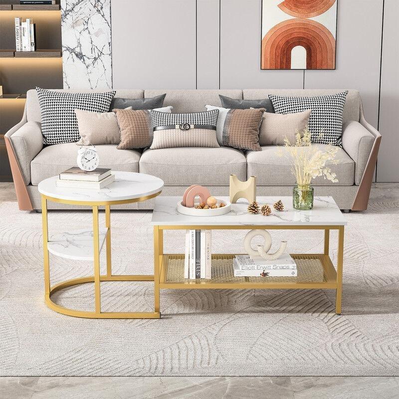 Beyaz MDF 2 Seviyeli Mermer Yan Sehpa-80x46x41 cm - 110582