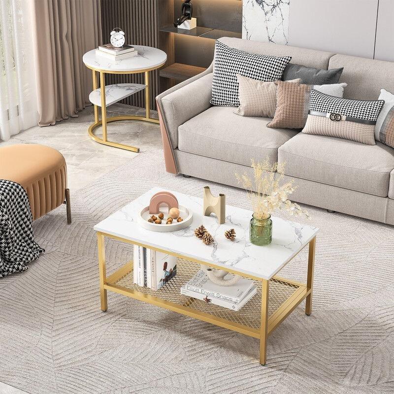 Beyaz MDF 2 Seviyeli Mermer Yan Sehpa-80x46x41 cm - 110582