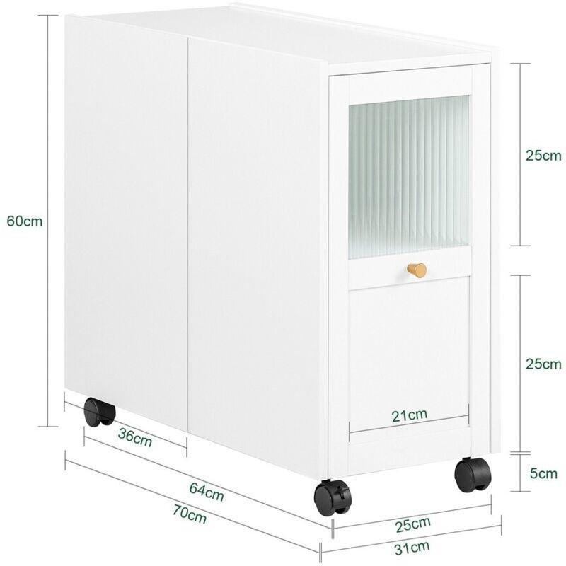 Beyaz MDF Cam Tekerlekli Çekmeceli Cam Yan Sehpa-31x70x60 cm - 111508