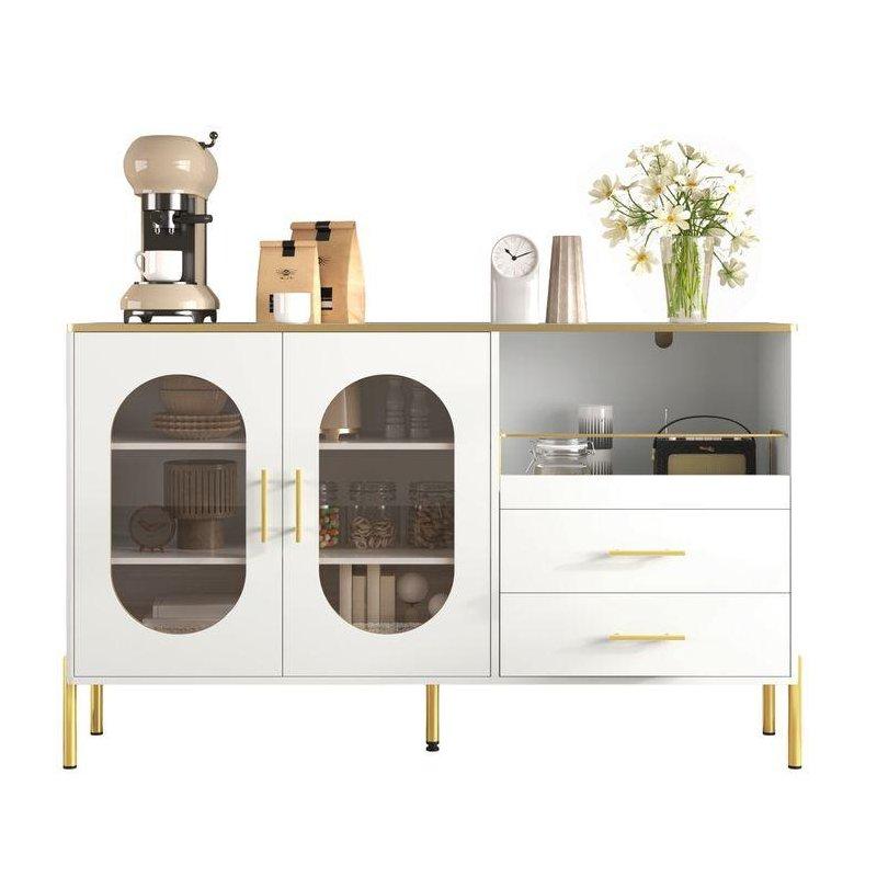 Beyaz MDF Kahve Köşesi 140x38x90 cm, 2 Camlı Kapı ve 2 Çekmeçeli - 100058