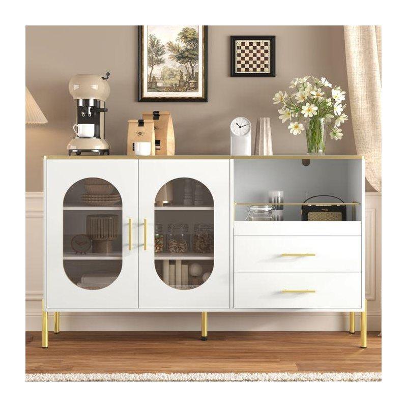 Beyaz MDF Kahve Köşesi 140x38x90 cm, 2 Camlı Kapı ve 2 Çekmeçeli - 100058