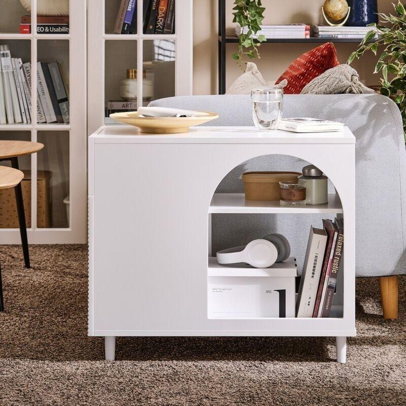 Beyaz MDF Masif Ahşap Ayaklı Çekmeceli Kapaklı Ahşap Yan Sehpa-70x35x60 cm - 110656