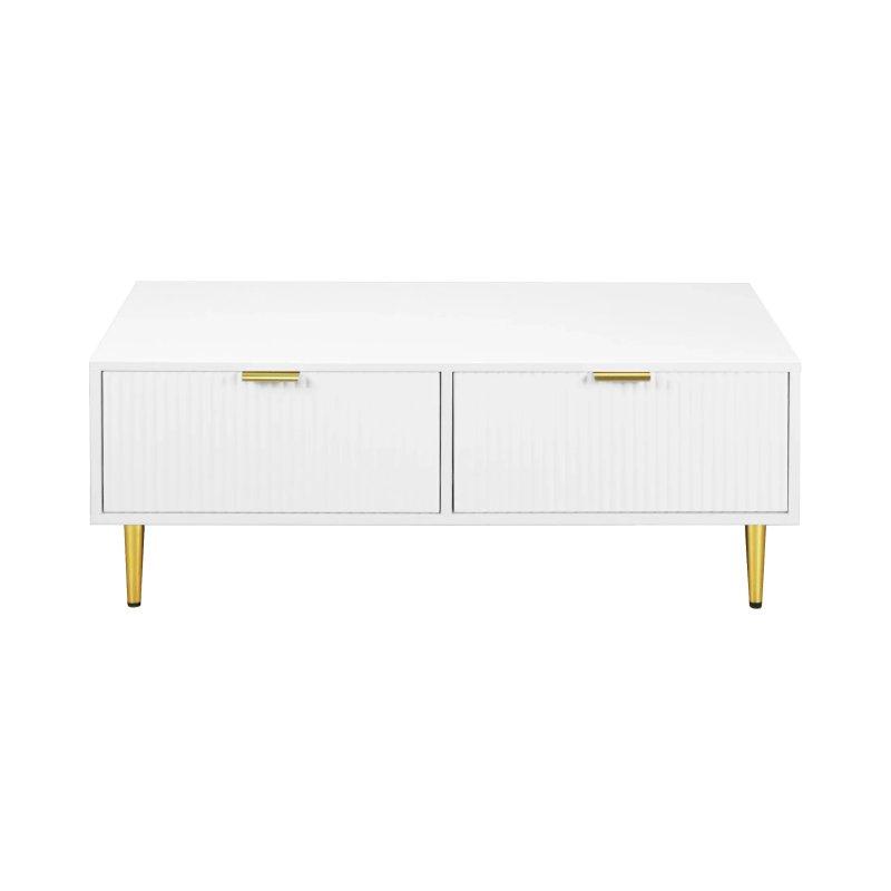 Beyaz MDF Orta Sehpa 100 cm Gold Ayaklı 2 Çekmeceli - 102378
