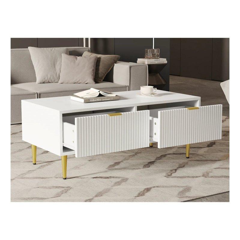 Beyaz MDF Orta Sehpa 100 cm Gold Ayaklı 2 Çekmeceli - 102378