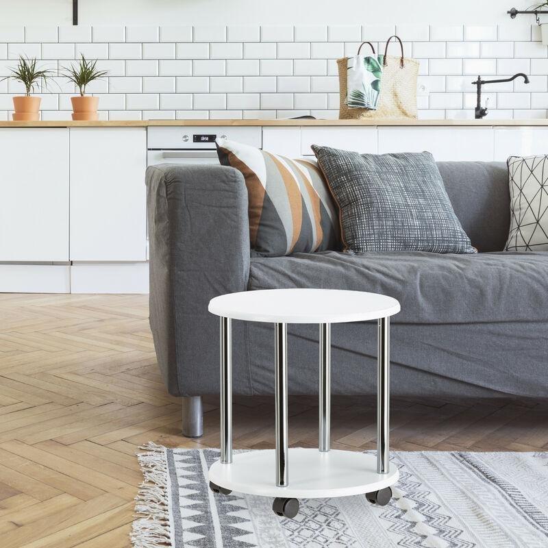 Beyaz MDF Paslanmaz Çelik Tekerlekli Metal Yan Sehpa-42x40x40 cm - 110908