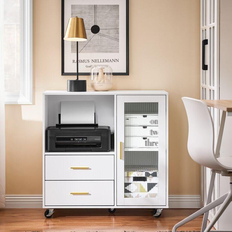 Beyaz MDF Tekerlekli Çekmeceli Cam Yan Sehpa-75x40x76 cm - 111494