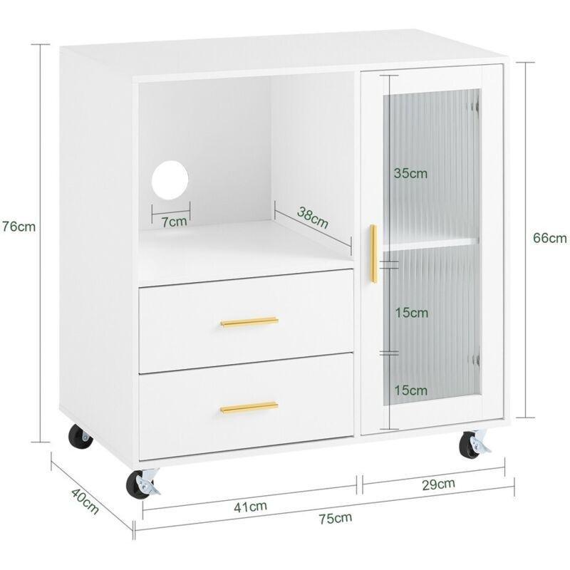 Beyaz MDF Tekerlekli Çekmeceli Cam Yan Sehpa-75x40x76 cm - 111494