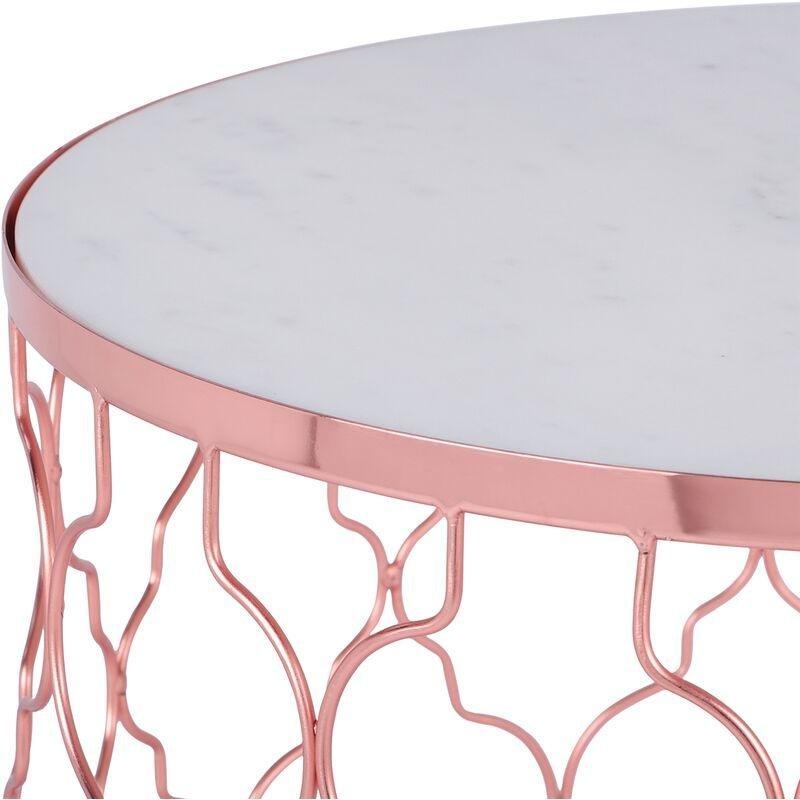 Beyaz Mermer Bakır Metal Çerçeveli Yuvarlak Mermer Yan Sehpa Seti-40x45x45 cm - 110395