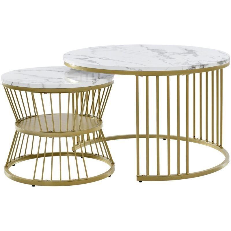 Beyaz Mermer Desenli 2'li Zigon Sehpa Gold Metal Ayaklı 70x70x45 cm - 107976