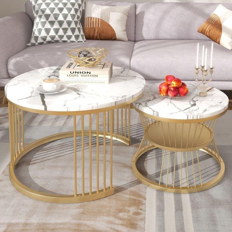 Beyaz Mermer Desenli 2%27li Zigon Sehpa Gold Metal Ayaklı 70x70x45 cm - 107976