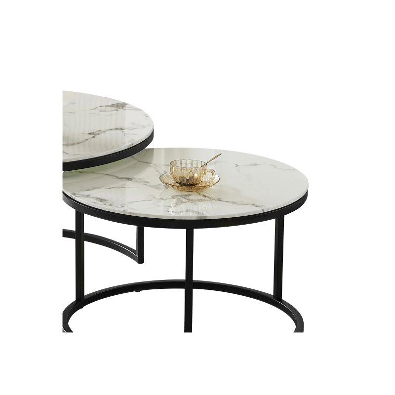Beyaz Mermer Desenli Cam Zigon Sehpa 80 cm Siyah Metal Ayaklı - 106657