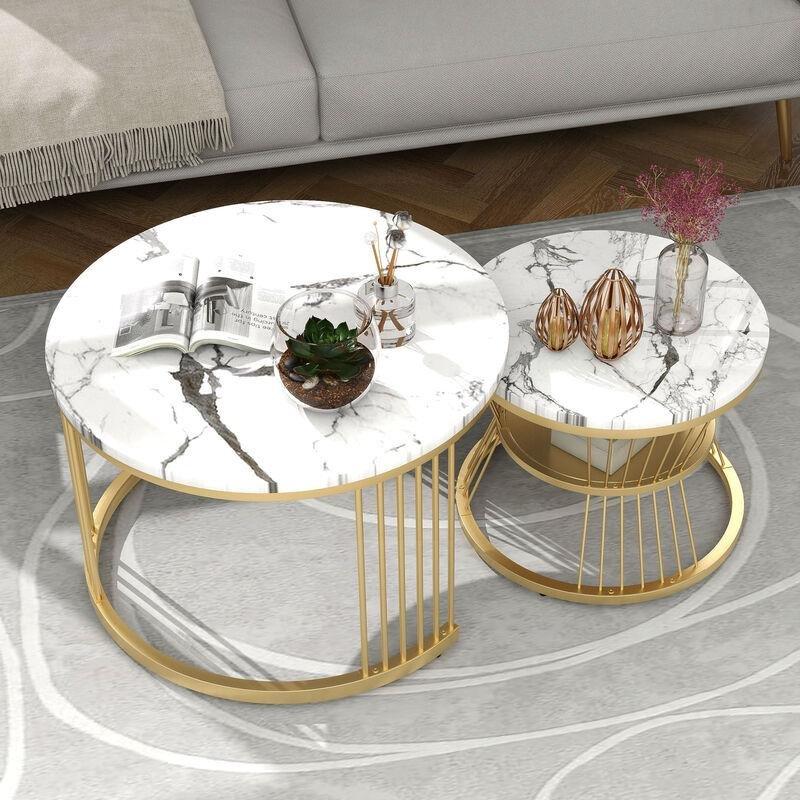 Beyaz Mermer Desenli Gold Ayaklı 2 Li Yuvarlak Orta Sehpa 70x70 cm - 102978