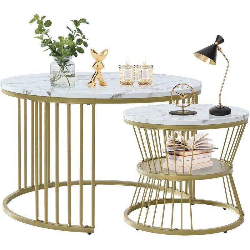 Beyaz Mermer Desenli Gold Ayaklı 2 Li Yuvarlak Orta Sehpa 70x70 cm - 102978