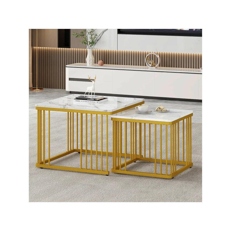 Beyaz Mermer Desenli Gold Ayaklı İkili Zigon Sehpa 60x60x45 cm - 106090