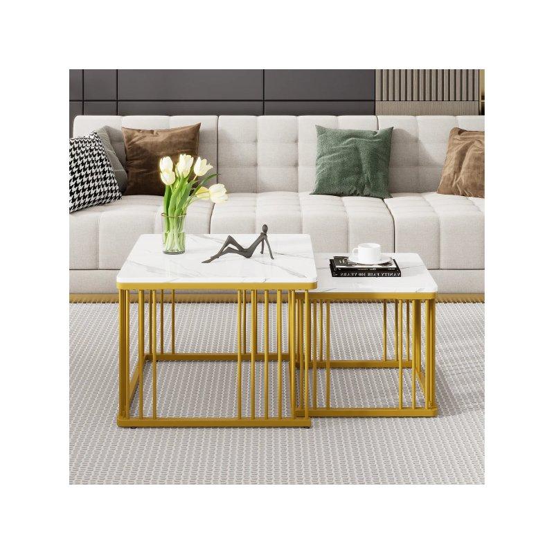 Beyaz Mermer Desenli Gold Ayaklı İkili Zigon Sehpa 60x60x45 cm - 106090