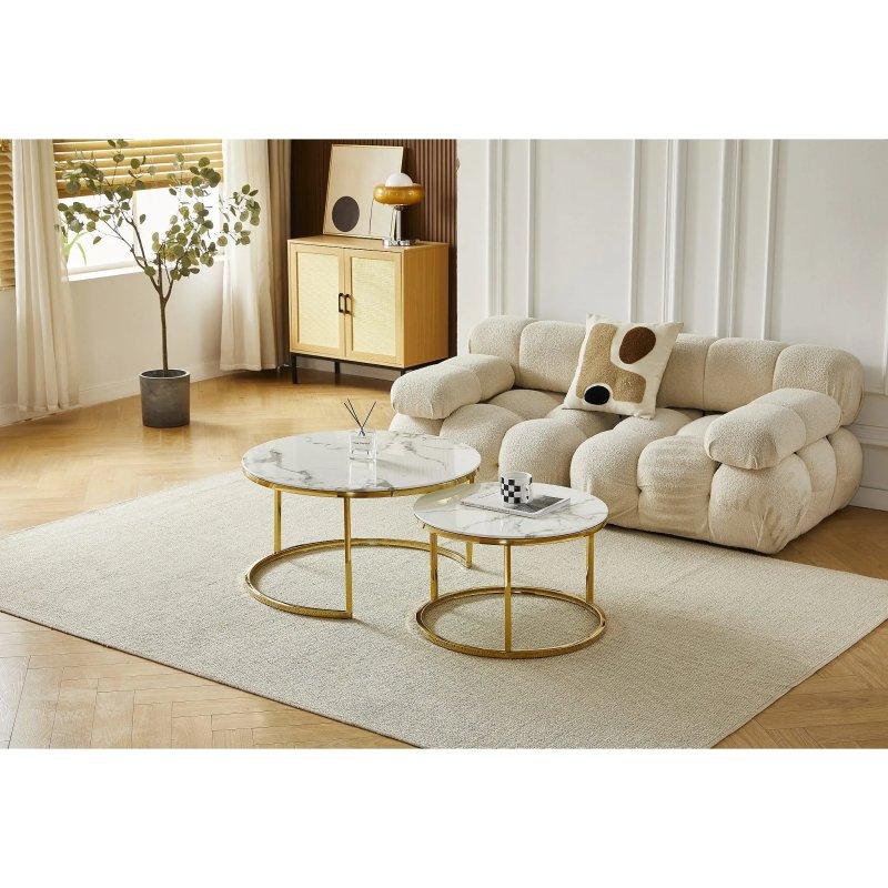 Beyaz Mermer Desenli Gold Ayaklı Yuvarlak Zigon Sehpa 80 cm - 106612