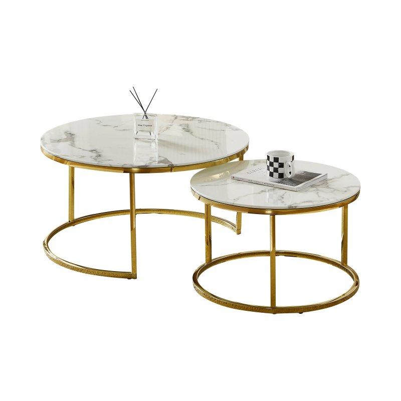 Beyaz Mermer Desenli Gold Ayaklı Yuvarlak Zigon Sehpa 80 cm - 106612