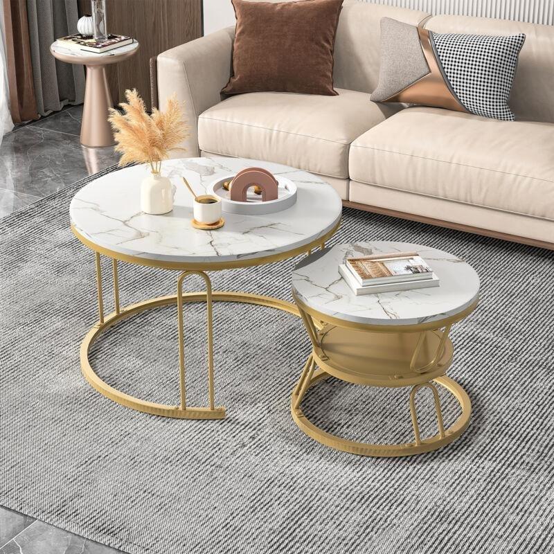 Beyaz Mermer Desenli Gold Metal Ayaklı İkili Zigon Sehpa 70 cm - 107499