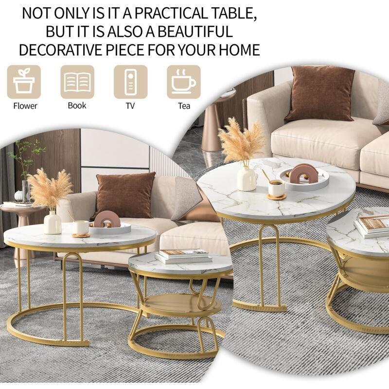 Beyaz Mermer Desenli Gold Metal Ayaklı İkili Zigon Sehpa 70 cm - 107499