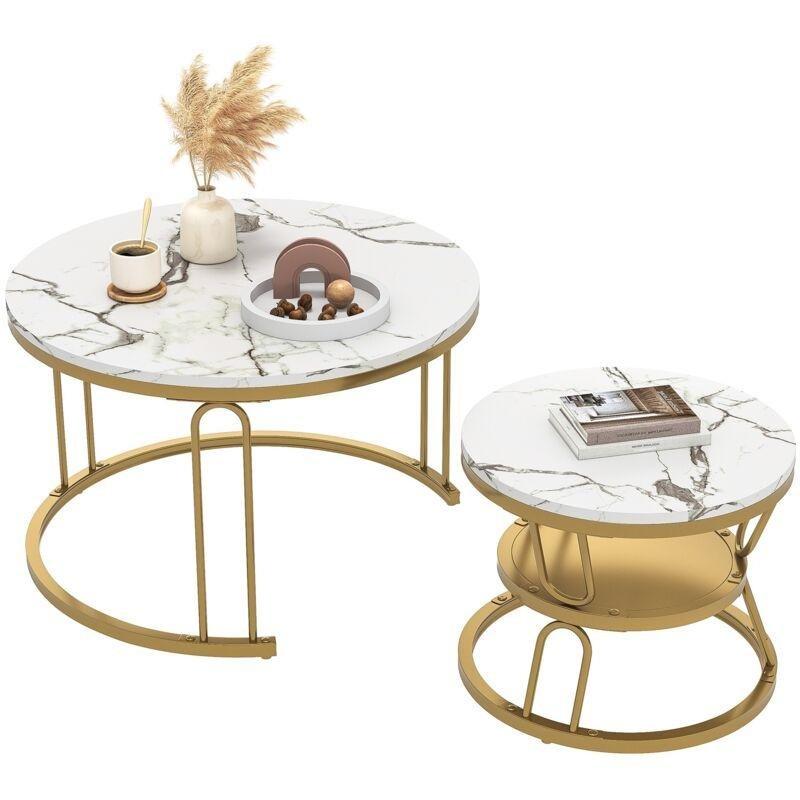 Beyaz Mermer Desenli Gold Metal Ayaklı Yuvarlak Zigon Sehpa 70 cm - 107482