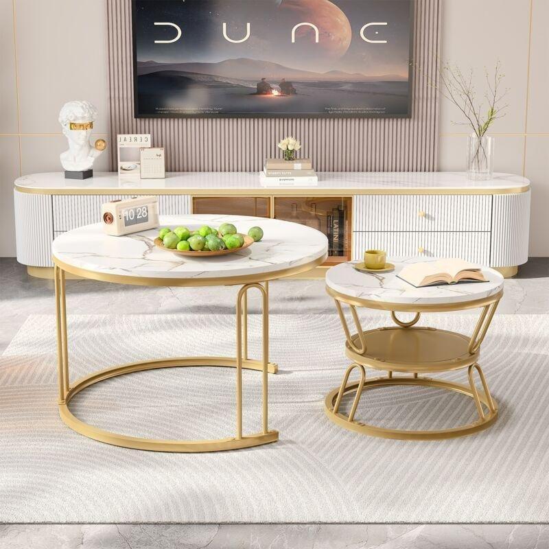 Beyaz Mermer Desenli Gold Metal Ayaklı Yuvarlak Zigon Sehpa 70 cm - 107482