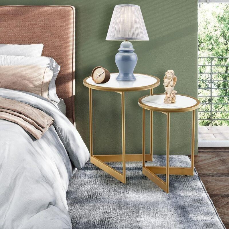 Beyaz Mermer Desenli Gold Metal Zigon Sehpa 40 cm - 107635