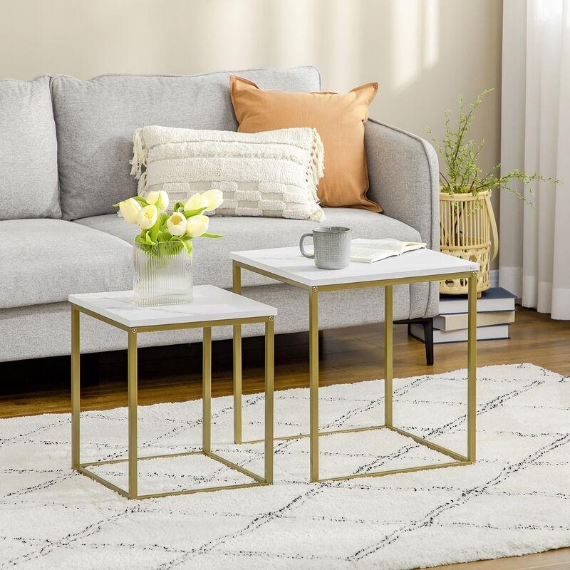 Beyaz Mermer Desenli Gold Metal Zigon Sehpa 45x45 cm - 108006